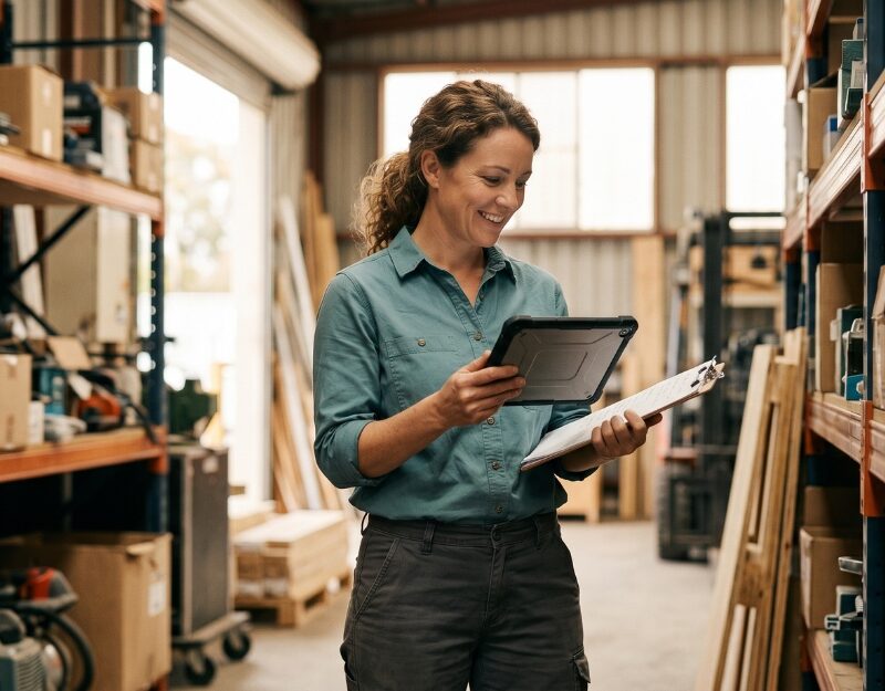 Australian business owner reviewing stock and cash flow, weighing up working capital finance options for growth.
