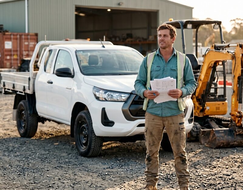 Australian business owner beside a new work vehicle, comparing asset finance structures for their next purchase.