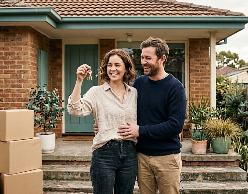 Young Australian couple holding keys outside their first home, bought using the 5% deposit scheme in 2026.