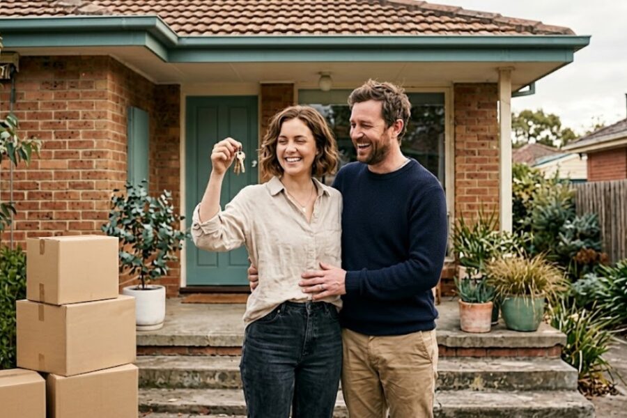 Young Australian couple holding keys outside their first home, bought using the 5% deposit scheme in 2026.